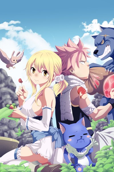 Anime picture 2500x3761 with fairy tail lucy heartfilia natsu dragneel happy (fairy tail) humbertox1 long hair tall image highres short hair light erotic blonde hair twintails yellow eyes pink hair sky cloud (clouds) profile hair flower tattoo grin