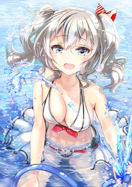 Anime picture 708x1000 with kantai collection kashima training cruiser keepout single long hair tall image looking at viewer blush fringe breasts open mouth blue eyes light erotic hair between eyes twintails silver hair girl bow swimsuit hair bow