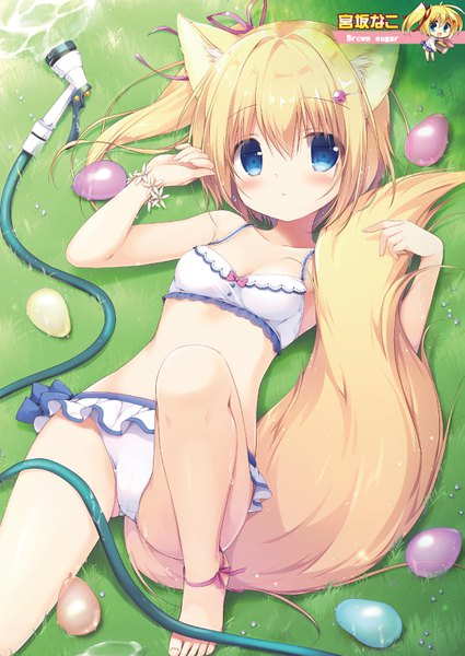 Anime picture 2149x3035 with original miyasaka nako single tall image looking at viewer blush fringe highres short hair blue eyes light erotic blonde hair hair between eyes bare shoulders animal ears payot bent knee (knees) ass tail lying