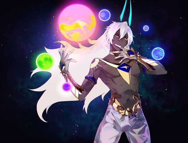 Anime picture 2837x2164 with fate (series) fate/grand order arjuna (fate) arjuna alter (fate) tanako (645316096) single long hair fringe highres hair between eyes standing looking away white hair horn (horns) dark skin topless boy armor sphere