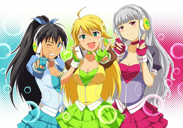 Anime picture 1000x700 with idolmaster hoshii miki ganaha hibiki shijou takane nishi (count2.4) long hair open mouth blue eyes black hair blonde hair smile red eyes multiple girls green eyes ponytail one eye closed grey hair wink victory pop sound blossom