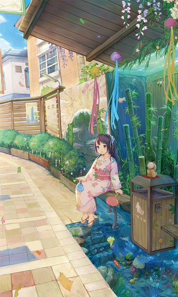 Anime picture 1200x2000 with original sayika single long hair tall image sitting brown eyes looking away sky cloud (clouds) ponytail traditional clothes japanese clothes hair flower street dark hair tanabata stream girl hair ornament
