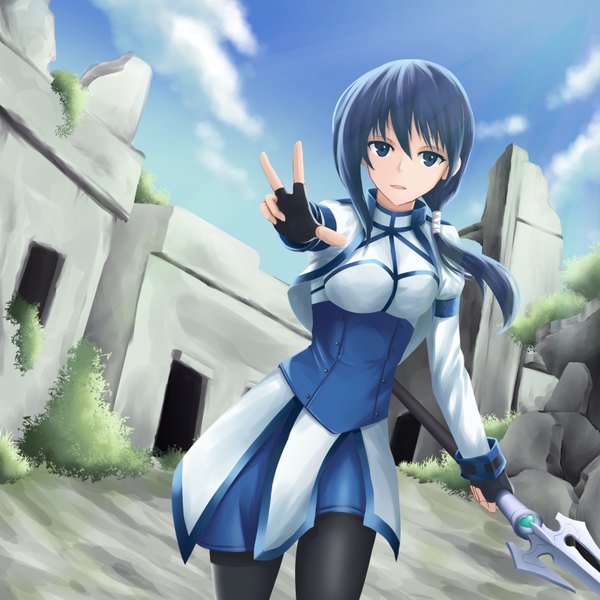 Anime-Bild 1680x1680 mit hai to gensou no grimgar a-1 pictures merry (grimgar) scal2let single long hair looking at viewer open mouth blue eyes blue hair sky cloud (clouds) girl dress gloves weapon fingerless gloves