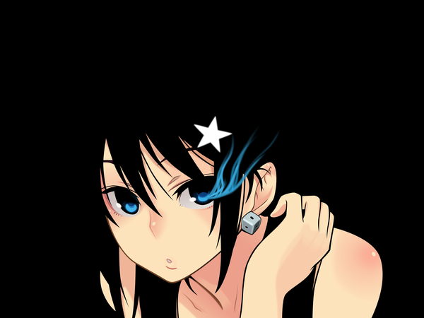 Anime picture 3200x2400 with black rock shooter black rock shooter (character) kuroi mato chan co single highres blue eyes black hair absurdres glowing black background glowing eye (eyes) girl star (symbol)
