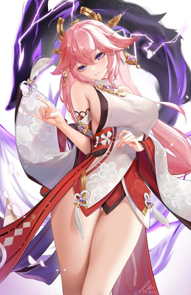 Anime picture 3911x6047 with genshin impact yae miko liu liaoliao single long hair tall image fringe highres light erotic simple background hair between eyes standing white background purple eyes bare shoulders animal ears looking away pink hair absurdres traditional clothes