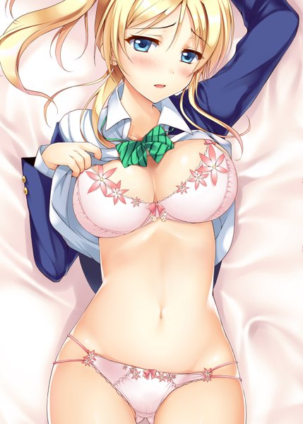 Anime picture 1110x1553 with love live! school idol project sunrise (studio) love live! ayase eli sousouman single long hair tall image looking at viewer blush blue eyes light erotic blonde hair ponytail lying open clothes open jacket bare belly on back open shirt