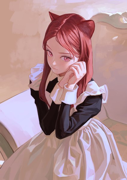 Anime picture 1000x1414 with original feifei (fkey) fkey single long hair tall image looking at viewer blush fringe sitting animal ears red hair long sleeves pink eyes from above cat ears maid cat girl hands clasped girl