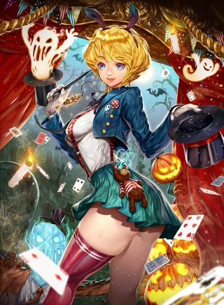 Anime picture 1100x1500 with original coffee dog single tall image short hair blue eyes light erotic blonde hair smile animal ears looking away bunny ears glowing fake animal ears halloween ghost girl thighhighs animal pendant