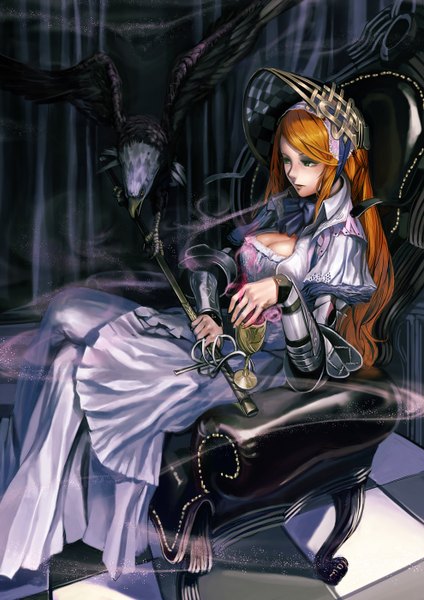 Anime picture 990x1400 with original hako (mypixid) single long hair tall image sitting green eyes looking away cleavage orange hair smoke checkered floor girl dress bow weapon hat animal sword armor