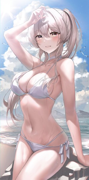 Anime picture 1016x2048 with original dalla (888 dalae) single long hair tall image looking at viewer blush fringe breasts light erotic smile hair between eyes large breasts standing sky silver hair cloud (clouds) outdoors ponytail arm up