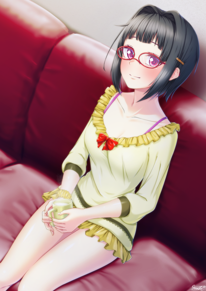 Anime picture 2480x3508 with highschool dxd sona sitri 884sowozi single tall image looking at viewer blush fringe highres short hair black hair smile sitting purple eyes holding payot indoors blunt bangs puffy sleeves frilled dress