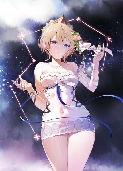 Anime picture 1800x2500 with granblue fantasy europa (granblue fantasy) nekomu single tall image looking at viewer fringe highres short hair breasts blue eyes light erotic blonde hair hair between eyes standing cloud (clouds) hair flower night night sky constellation
