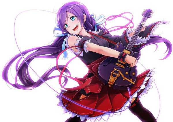 Anime picture 990x700 with love live! school idol project sunrise (studio) love live! toujou nozomi dararito single blush open mouth blue eyes white background looking away purple hair very long hair girl thighhighs dress black thighhighs frills guitar electric guitar