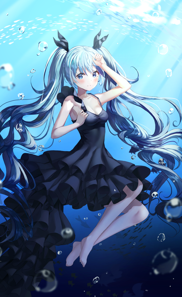 Anime picture 737x1200 with vocaloid shinkai shoujo (vocaloid) hatsune miku ruda (ruda e) single tall image looking at viewer blush blue eyes twintails blue hair cleavage full body very long hair barefoot sunlight underwater sunbeam girl dress