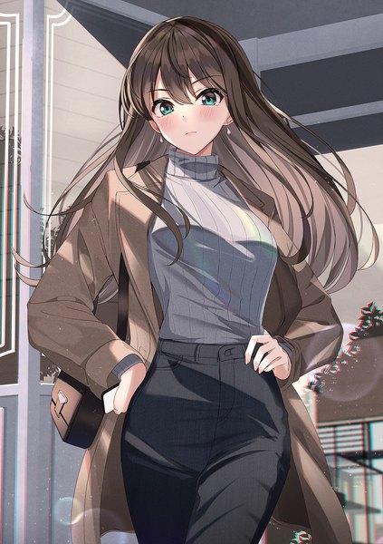 Anime picture 847x1200 with idolmaster idolmaster cinderella girls shibuya rin sutoroa single long hair tall image looking at viewer blush fringe breasts hair between eyes brown hair standing holding green eyes indoors long sleeves open clothes lens flare