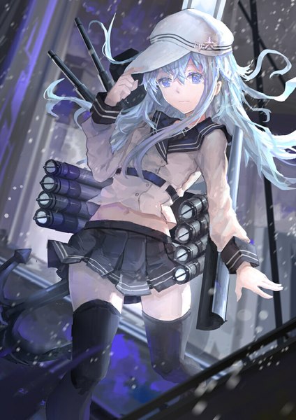 Anime picture 759x1075 with kantai collection hibiki destroyer verniy destroyer zxq single long hair tall image looking at viewer fringe blue eyes standing blue hair pleated skirt bare belly dutch angle snowing winter hammer and sickle girl thighhighs