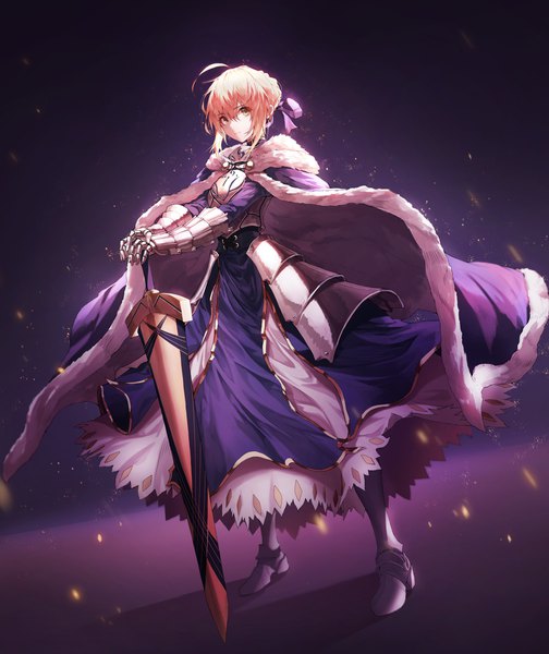 Anime picture 1680x2000 with fate (series) fate/stay night artoria pendragon (all) saber peulopi single tall image looking at viewer fringe short hair simple background blonde hair hair between eyes standing green eyes payot full body ahoge braid (braids) fur trim
