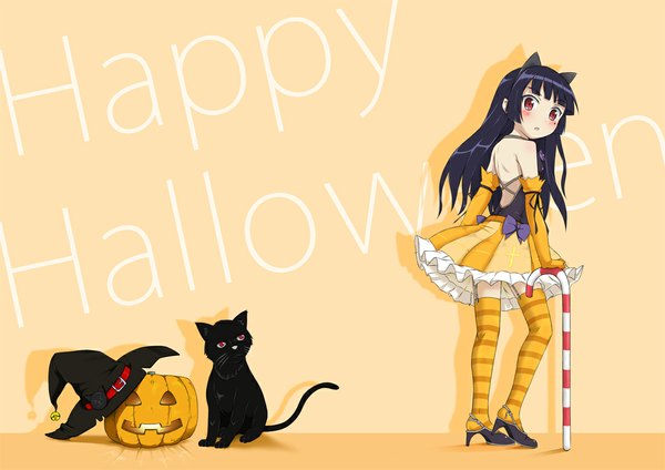 Anime picture 1100x778 with ore no imouto ga konna ni kawaii wake ga nai gokou ruri gottsu single long hair looking at viewer blush black hair red eyes bare shoulders animal ears cat ears halloween happy halloween girl thighhighs dress cat witch hat striped thighhighs