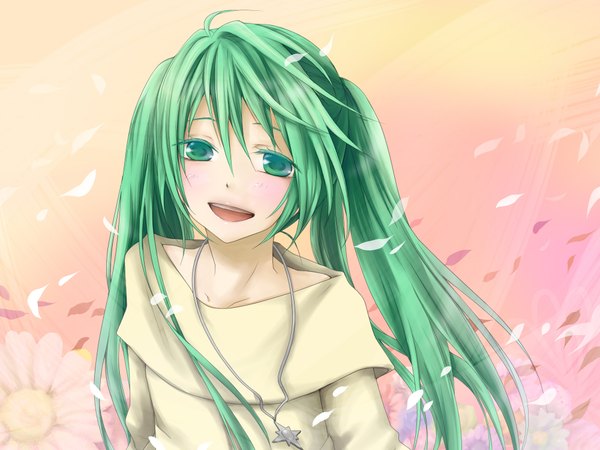 Anime picture 2000x1500 with vocaloid hatsune miku single long hair looking at viewer fringe highres open mouth twintails aqua eyes aqua hair alternate costume happy girl flower (flowers) petals pendant