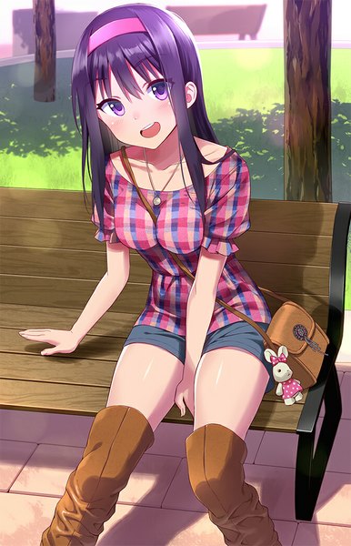 Anime picture 670x1040 with original sonsoso single long hair tall image blush fringe breasts open mouth sitting purple eyes purple hair shadow happy girl plant (plants) tree (trees) shorts hairband pendant