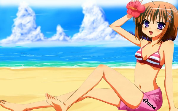 Anime picture 1131x707 with kore wa zombie desu ka? studio deen haruna (zombie) single looking at viewer blush short hair open mouth light erotic wide image cloud (clouds) hair flower beach sand girl navel hair ornament swimsuit shorts sea