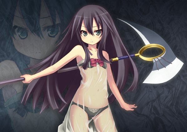 Anime picture 1000x704 with original ryo (botugo) single long hair light erotic black hair yellow eyes underwear only girl navel underwear panties weapon