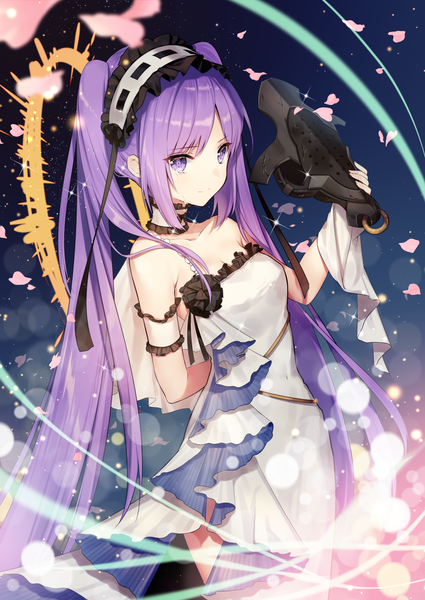 Anime picture 1000x1412 with fate (series) fate/grand order fate/hollow ataraxia euryale (fate) necomi (gussan) single tall image fringe smile standing twintails purple eyes bare shoulders holding payot looking away purple hair very long hair sparkle tears