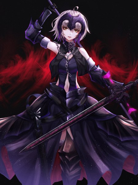 Anime picture 3000x4000 with fate (series) fate/grand order jeanne d'arc (fate) (all) jeanne d'arc alter (fate) jeanne d'arc alter (avenger) (third ascension) (fate) domi (hyaku8795) single tall image looking at viewer fringe highres short hair breasts hair between eyes holding yellow eyes silver hair ahoge parted lips arm up