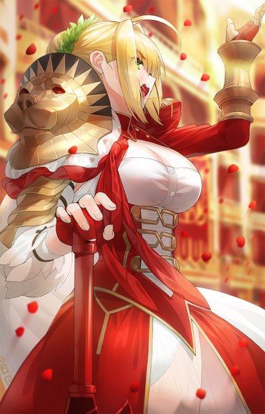 Anime picture 790x1235 with fate (series) fate/grand order fate/extra nero claudius (fate) (all) nero claudius (fate) kfr single tall image blush fringe short hair breasts open mouth light erotic blonde hair hair between eyes standing green eyes payot looking away