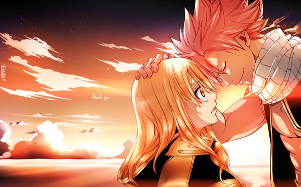 Anime picture 1900x1187 with fairy tail lucy heartfilia natsu dragneel kristallin-f (artist) long hair highres short hair blonde hair smile wide image brown eyes pink hair sky cloud (clouds) eyes closed profile sunlight tattoo sleeveless couple