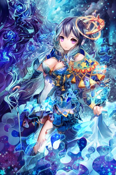 Anime picture 739x1110 with original fumoe single long hair tall image fringe breasts large breasts standing purple hair cloud (clouds) pink eyes night sparkle alternate costume night sky magic girl dress weapon