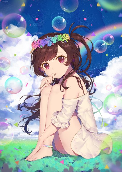 Anime picture 1500x2121 with original acidear single long hair tall image looking at viewer red eyes brown hair sitting bare shoulders sky cloud (clouds) barefoot hair flower bare legs one side up leg hug bubble blowing girl dress