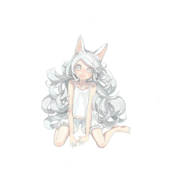 Anime picture 2000x2000 with vocaloid pixiv hatsune miku 42 7 (pixiv id 1740974) single looking at viewer highres open mouth simple background smile white background animal ears very long hair grey hair cat ears teeth grey eyes fang (fangs) girl shorts