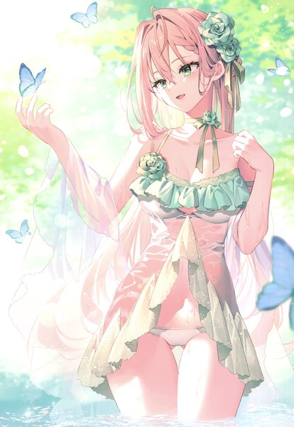 Anime picture 2405x3485 with original riichu single long hair tall image fringe highres breasts open mouth light erotic smile hair between eyes standing bare shoulders green eyes looking away pink hair outdoors :d hair flower