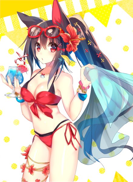 Anime picture 656x897 with original asaki yukiko nekoboshi sakko single long hair tall image looking at viewer blush fringe breasts open mouth light erotic black hair red eyes standing bare shoulders holding animal ears cleavage ponytail