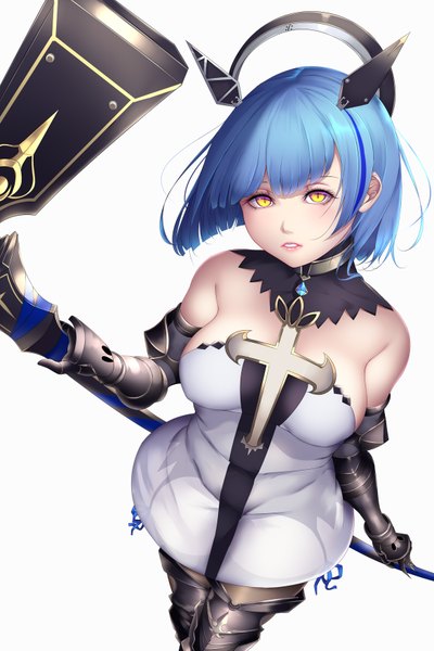 Anime picture 1170x1752 with azur lane gascogne (azur lane) shiro usagi single tall image looking at viewer fringe short hair breasts light erotic simple background large breasts white background bare shoulders holding yellow eyes blue hair parted lips slit pupils girl