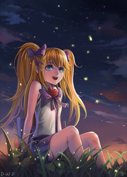 Anime picture 1800x2500 with original dantewontdie long hair tall image highres open mouth blonde hair sitting twintails aqua eyes night legs happy hair ornament bow hair bow heart