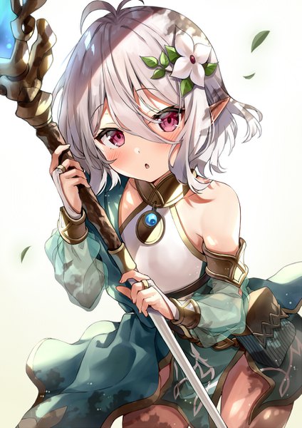 Anime picture 867x1227 with princess connect! re:dive princess connect! kokkoro (princess connect!) kakao rantan single tall image looking at viewer blush fringe short hair breasts open mouth simple background hair between eyes white background purple eyes bare shoulders holding payot silver hair