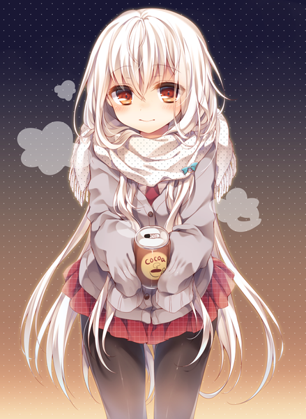 Anime-Bild 974x1330 mit original kasako (kasu) komeshiro kasu single long hair tall image looking at viewer blush fringe simple background smile hair between eyes standing holding brown eyes white hair long sleeves pleated skirt gradient background thigh gap