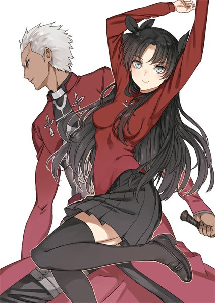 Anime picture 568x800 with fate (series) fate/stay night type-moon toosaka rin archer (fate) haijin long hair tall image looking at viewer short hair black hair simple background smile white background twintails silver hair profile aqua eyes arms up dark skin