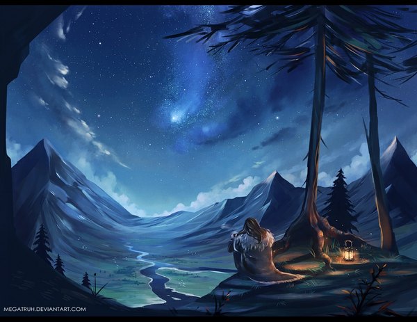 Anime picture 907x700 with the hobbit thorin oakenshield megatruh single long hair black hair sitting signed sky cloud (clouds) from behind night night sky letterboxed mountain river boy plant (plants) tree (trees) star (stars)