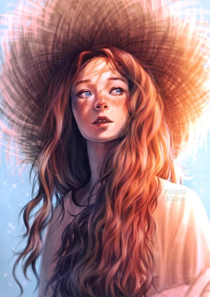 Anime picture 1920x2715 with original paulina klime single long hair tall image highres blue eyes signed looking away upper body parted lips lips sunlight orange hair realistic portrait wavy hair freckles girl hat