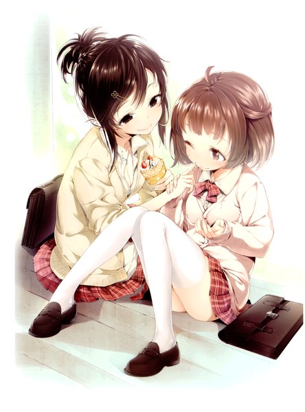 Anime picture 2257x3050 with original buriki tall image blush highres short hair light erotic smile brown hair white background sitting multiple girls ass ponytail one eye closed wink shoujo ai girl thighhighs skirt