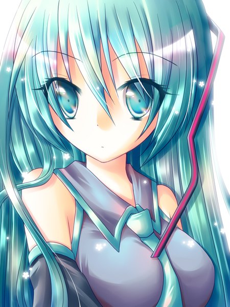 Anime picture 1200x1600 with vocaloid hatsune miku meiya neon long hair tall image bare shoulders aqua eyes aqua hair girl detached sleeves necktie