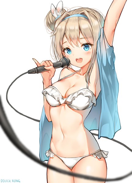 Anime picture 936x1300 with girls frontline suomi kp31 (girls frontline) lee seok ho single tall image looking at viewer blush fringe short hair breasts blue eyes light erotic blonde hair simple background hair between eyes standing white background signed payot cleavage