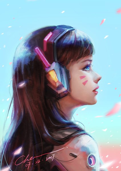 Anime picture 2480x3508 with overwatch blizzard entertainment d.va (overwatch) rabbitcamilla single long hair tall image fringe highres blue eyes brown hair signed looking away parted lips profile realistic lipstick facial mark dated blue background