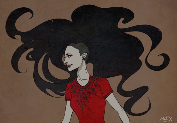 Anime picture 1585x1106 with adventure time marceline (adventure time) meexart single long hair looking at viewer open mouth black hair simple background red eyes signed very long hair pointy ears scar pale skin brown background girl earrings t-shirt