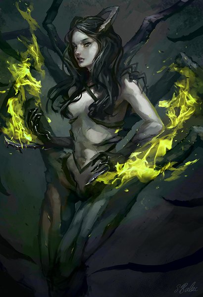 Anime picture 683x1000 with original sbalac single long hair tall image breasts black hair green eyes signed horn (horns) glowing hair over breasts insect girl mutation girl navel insect spider