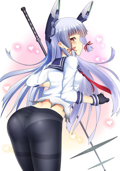 Anime picture 1157x1636 with kantai collection murakumo destroyer suteba (grzjkbhgf) single long hair tall image looking at viewer blush light erotic brown eyes silver hair ass looking back embarrassed torn clothes turning head tress ribbon girl gloves uniform