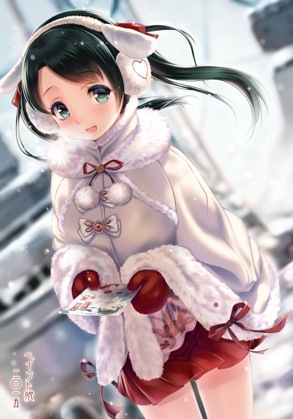 Anime picture 840x1200 with kantai collection mikuma heavy cruiser paint musume single long hair tall image looking at viewer blush open mouth black hair twintails green eyes blurry depth of field snowing winter snow exhalation new year happy new year